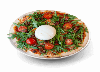 Tomate, mozzarella, roquette, tomates sches, burrata, copeaux de parmesan, crme vinaigre balsamique.  