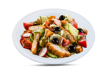 Salade, tomates cerises, filet de poulet pan, olives noires   
Accompagne d'une sauce  la vinaigrette 
+ 1 Boisson 33cl au choix.