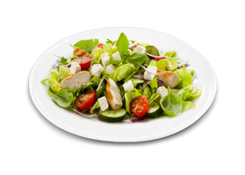 Salade, tomates cerises, filet de poulet pané, potatoes, emmental.
