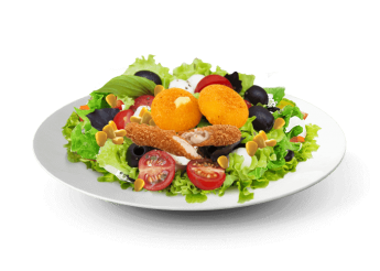 Salade, tomates cerises, mozzarella sticks, bouches de camembert, olives noires 
Accompagne d'une sauce  la vinaigrette 
+ 1 Boisson 33cl au choix.
