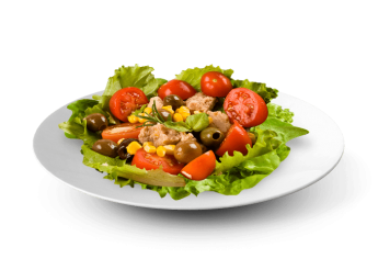 Salade, tomates cerises, thon, olives noires 
Accompagne d'une sauce  la vinaigrette 
+ 1 Boisson 33cl au choix.
